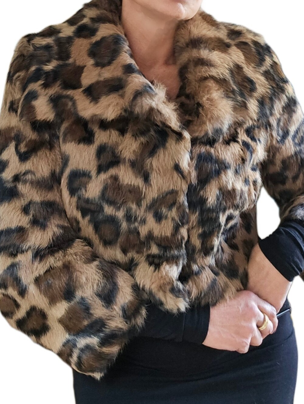 Bebe Genuine Rabbit Fur Leopard Print Cropped Fur Coat Size Medium